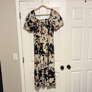 Cream Floral Smocked Midi Dress with Puff Sleeves